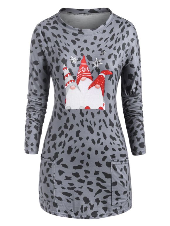 T-shirt Tunique Vache de Noël Imprimée avec Poches - Gris 2XL