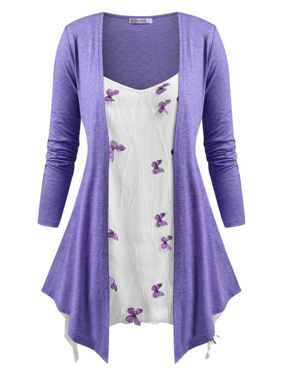 Haut Applique Papillon Panneau en Maille de Grande Taille - Pourpre 3X