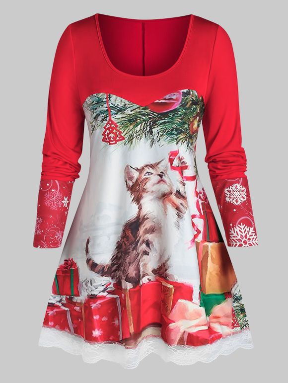 T-shirt Tunique Imprimés Chat et Cadeau de Noël de Grande Taille - Rouge 2X