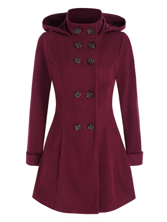 Manteau à Capuche avec Double Boutonnage en Laine - Rouge Vineux XL