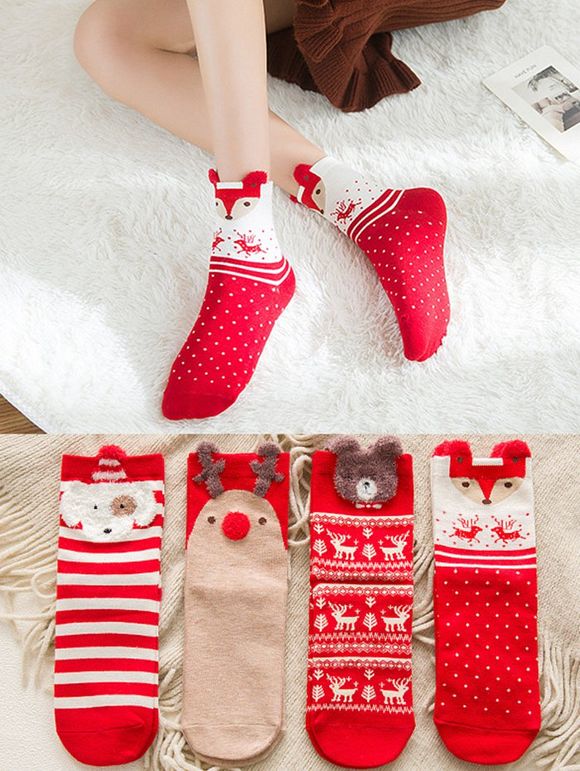 4 Pairs Christmas Cartoon Animal Fuzzy Socks Set - multicolor A 