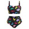 Maillot de Bain Bikini à Imprimé Dinosaure à Taille Haute de Grande Taille - Noir L