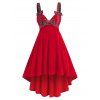 Robe de Noël Haute Basse à Carreaux Imprimé avec Nœud Papillon en Velours - Rouge M