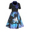 Robe Ligne A Ombrée Motif de Chat et de Ciel Etoilé de Grande Taille - Noir 4X