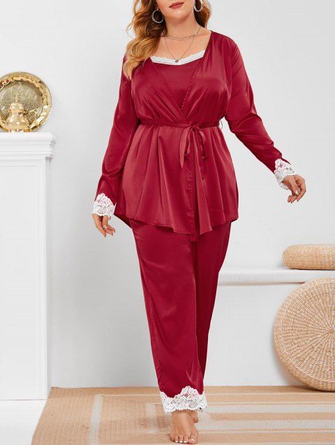 Plus Size Lace Trim Satin Three Piece Pants Pajamas Set