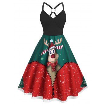 

Plus Size Christmas Elk Print O Ring Dress, Red