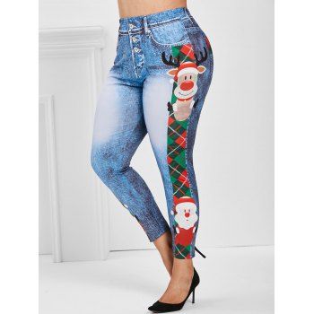 

3D Print Cartoon Elk Plaid Santa Claus Christmas Plus Size Jeggings, Blue