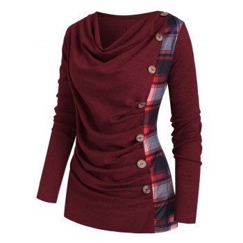 Image of Plaid Insert Mock Button Cowl Neck Knitwear