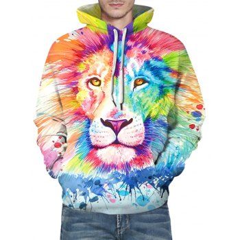 

Paint Splatter Lion Print Front Pocket Drawstring Hoodie, Fantastic