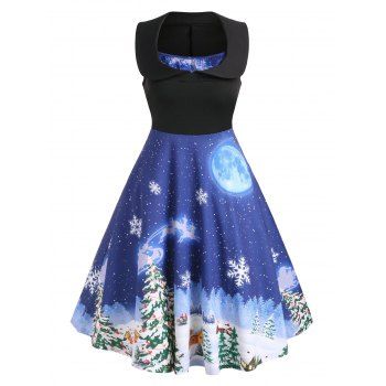 

Christmas Print Square Collar Sleeveless Dress, Deep blue