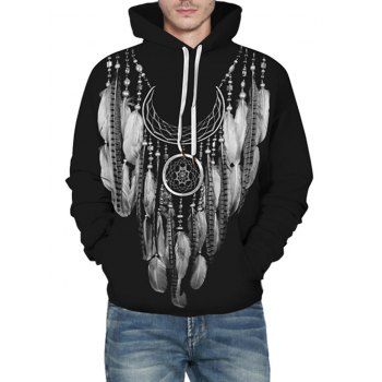 

Drawstring Front Pocket Feather Graphic Hoodie, Black