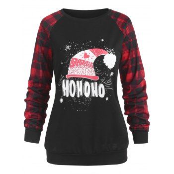 

Raglan Sleeve Plaid Christmas Graphic Sweatshirt, Black