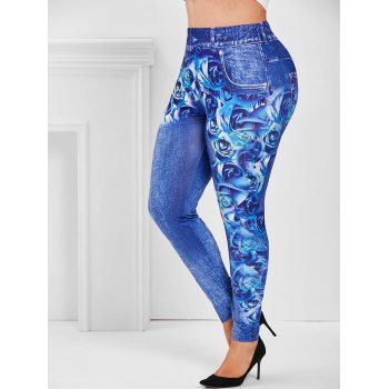 

Plus Size Flower 3D Print High Waisted Skinny Jeggings, Blue