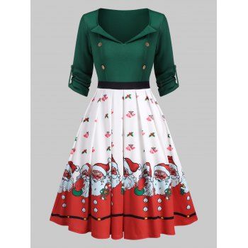 

Christmas Santa Claus Bell Roll Sleeve Pleated Dress, Deep green