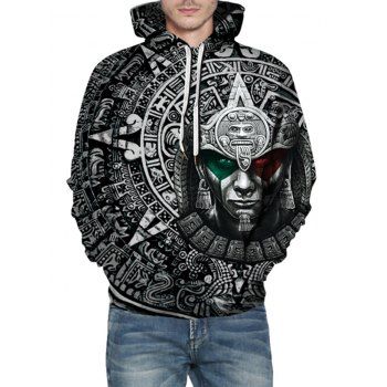 

3D Print Vintage Front Pocket Drawstring Hoodie, Black