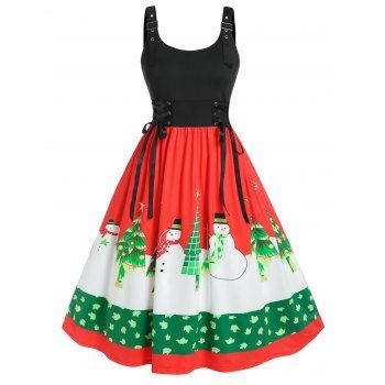 

Plus Size Christmas Snowman Lace-up Buckle A Line Dress, Red