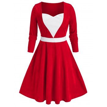 

Plus Size Velvet Colorblock Flare Dress, Red