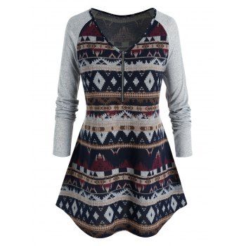 

Plus Size Geometric Print Half Zipper T Shirt, Multicolor a