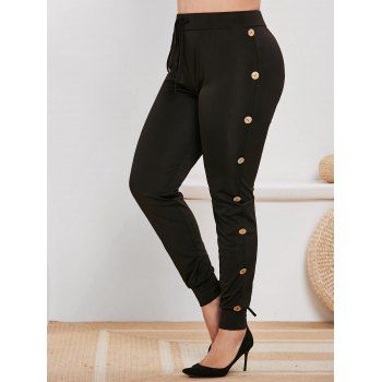 

Plus Size Mock Button Drawstring Tapered Sports Pants, Black