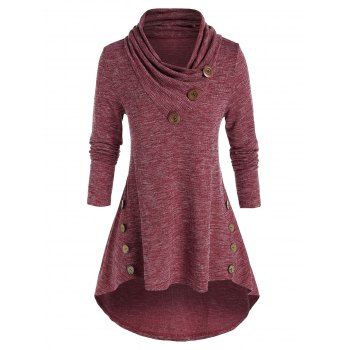 

Plus Size Shawl Collar High Low Knitted T Shirt, Red wine
