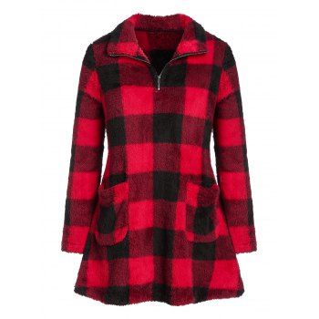 

Plus Size Plaid Zipper Pockets Fuzzy Sweatshirt, Red