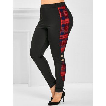 Image of Plus Size Plaid Print Mock Button Skinny Pants