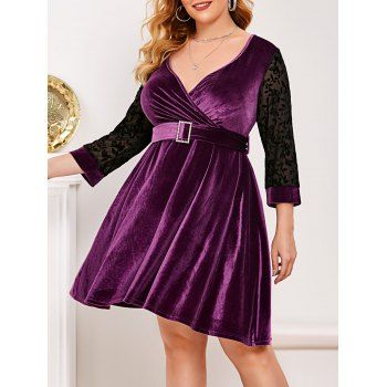 

Flocked Mesh Panel Velvet Plus Size Surplice Dress, Purple