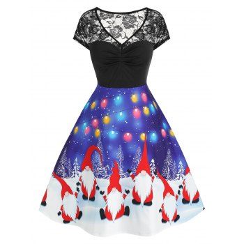 

Plus Size Santa Snow Print Lace Panel Dress, Blue