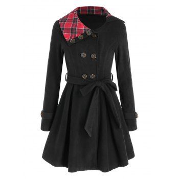 

Plaid Double Breasted Crossover Skirted Coat, Black