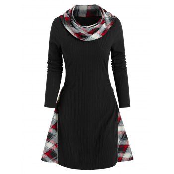 

Plaid Print Ribbed Convertible Sweater Dress, Black