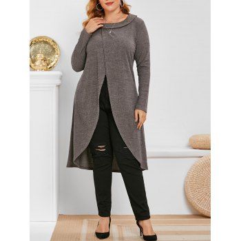 

Plus Size Heathered Overlap Long Knitwear, Dark gray