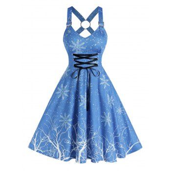 

Snowflake Pattern Lace Up Back O Ring Dress, Silk blue