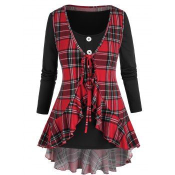 

Plus Size Mock Neck T Shirt with Ruffle Plaid Vest, Multicolor a