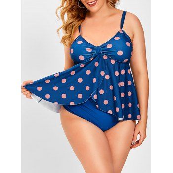 

Plus Size Polka Dot Ruched Knot Tankini Swimwear, Deep blue