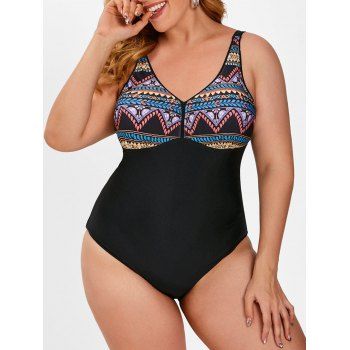 

Plus Size Ethnic Printed Back Knot One-piece Swimsuit, Multicolor