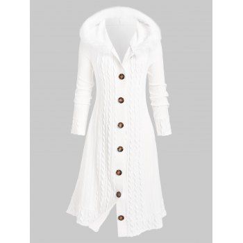 

Plus Size Fluffy Hooded Braid Knitted Coat, White