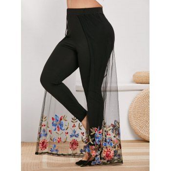 

Plus Size Flower Embroidered Mesh Panel Overlay Pants, Black