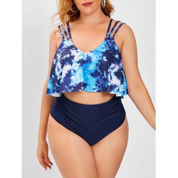 

Plus Size Tie Dye Triple Straps Ruched Tankini Swimwear, Blue