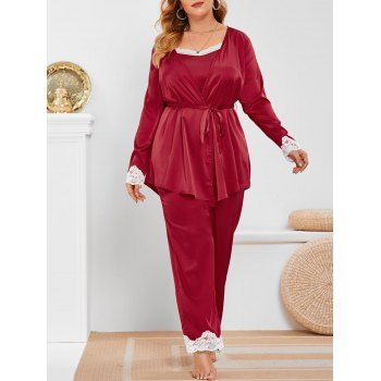 

Plus Size Lace Trim Satin Three Piece Pants Pajamas Set, Red