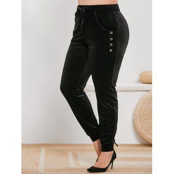 

Plus Size Drawstring Velvet Eyelet Pants, Black