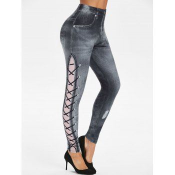 Image of High Rise D Lace Up Jean Print Skinny Jeggings