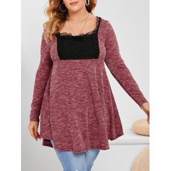 

Plus Size Lace Insert Heathered Knitwear, Red wine