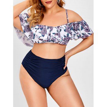 

Plus Size Floral Ruffle Ruched Off The Shoulder Two Piece Swimwear, Deep blue