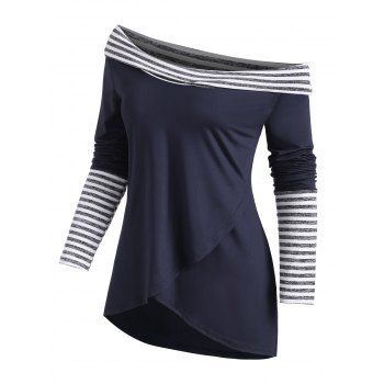 

Overlap Front Cowl Neck Stripes Panel Tee, Deep blue