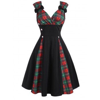 

Plaid Insert Bowknot Mock Button Dress, Deep green