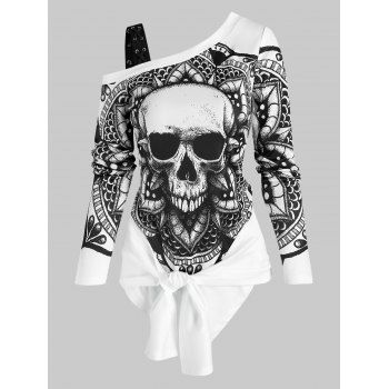 

Skull Pattern Skew Collar Lace Up T Shirt, White