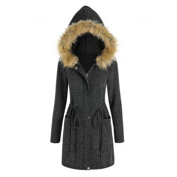 

Faux Fur Panel Drawstring Hooded Ribbed Coat, Black