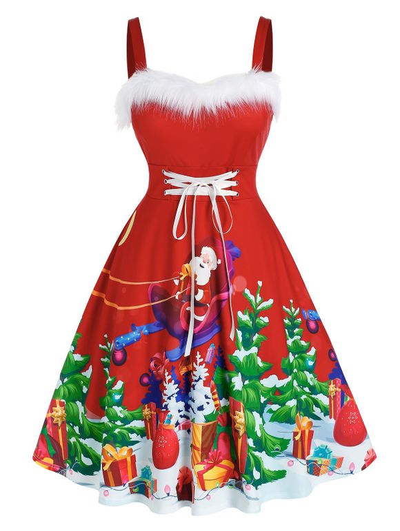 Robe de Noël avec Imprimé Père Noël de Grande Taille en Fausse Fourrure à Lacets - Rouge 5X