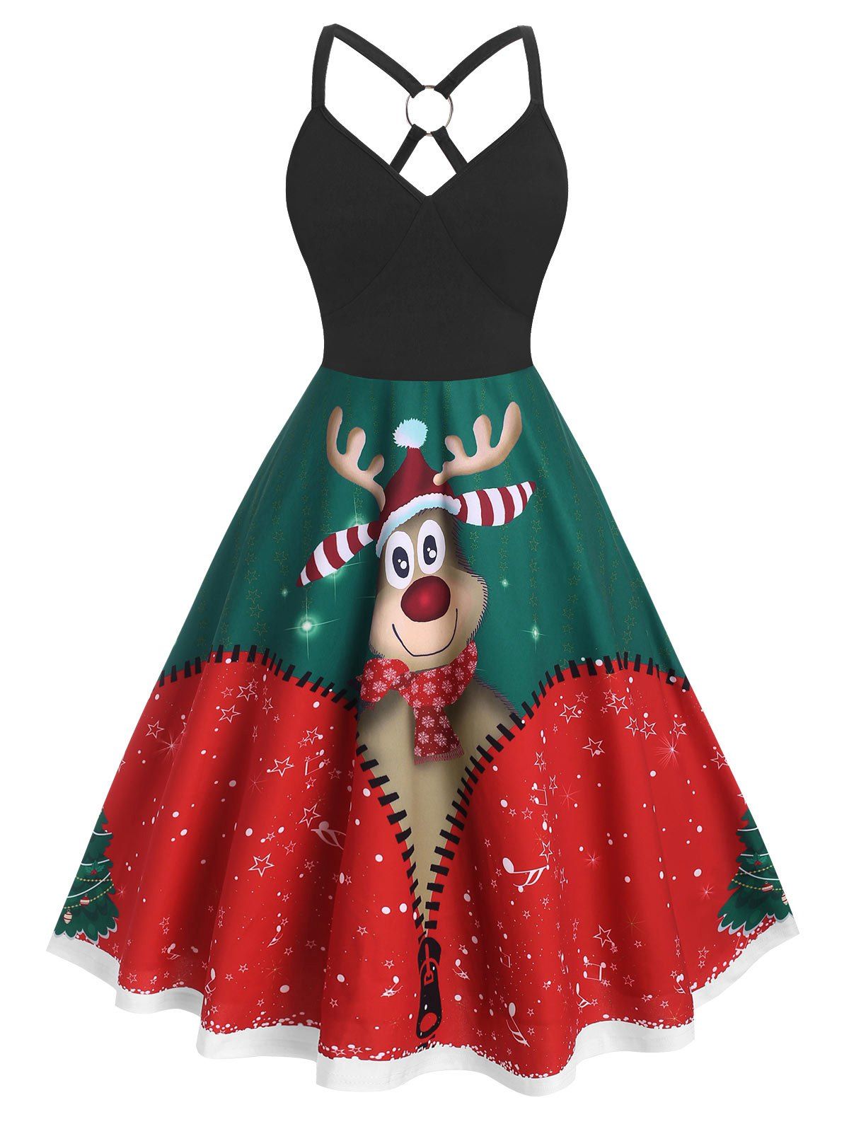 Plus Size Christmas Elk Print O Ring Dress - RED 5X
