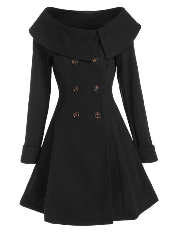 Manteau Long à Double Boutonnage en Laine - Noir XL